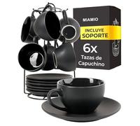 MIAMIO Le Papillon Collection - Juego de 6 tazas de capuchino apilables de cerámica de 175 ml y platillo con soporte de metal para café, bebidas, café con leche y té, colección Le Papillon