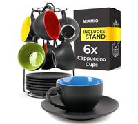 MIAMIO Le Papillon Collection - Juego de 6 tazas de capuchino apilables de cerámica de 175 ml y platillo con soporte de metal para café, bebidas, café con leche y té, colección Le Papillon