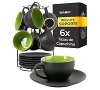 MIAMIO Le Papillon Collection - Juego de 6 tazas de capuchino apilables de cerámica de 175 ml y platillo con soporte de metal para café, bebidas, café con leche y té, colección Le Papillon