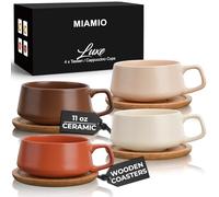 MIAMIO - Set 4 tazas capuchino de cerámica (4×280 ml) - Luxe (Beige) | Tazas de café de cerámica con platillos, tazas capuchino grandes para café y latte, set de 4, aptas para lavavajillas