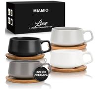 MIAMIO - Set 4 tazas capuchino de cerámica (4×280 ml) - Luxe (Gris piedra) | Tazas de café de cerámica con platillos, tazas capuchino grandes para café y latte, set de 4, aptas para lavavajillas