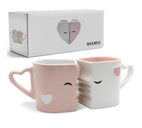 MIAMIO - Set de 2 tazas de café de cerámica (300 ml) (Rosa) | Tazas que se besan, regalo para parejas, novio o novia, boda o Navidad