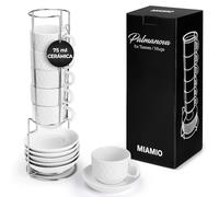 MIAMIO - Set de 6 Tazas Espresso 75 ml con Soporte Cerámica Gres - Tazas Pequeñas para Espresso - Juego Moderno en Blanco - Colección Palmanova, Apta Lavavajillas
