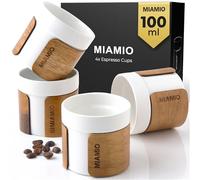 MIAMIO - Set de Tazas de Espresso de 4 (100 ml) Tazas de Té Japonés Cerámica/Tazas sin Asa con Puño de Madera Extraíble/Tazas de Café sin Asa (Blanco)