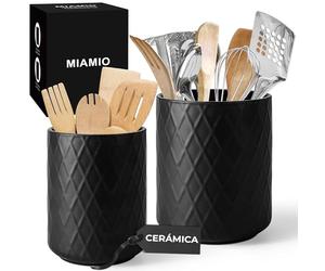 MIAMIO - Soporte para Utensilios de Cocina de Cerámica/Set Organizador de Cocina, Decoración Rústica para Organizar la Encimera y Guardar Cubiertos, Cucharas (Negro)