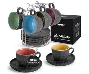 MIAMIO - Taza de Capuchino Apilable de Cerámica de 190 ml con Platillos y Soporte de Metal - Juego de 6 tazas de Capuchino de Gres para Bebidas Especiales de Café, Americano - Colección Las Palmitas
