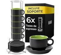 MIAMIO - Tazas espresso de café (75 ml), set de 6 - Le Papillon (Verde) | Tazas espresso de cerámica con platillos y soporte; set de 6 tazas para espresso y moka, todas aptas para lavavajillas