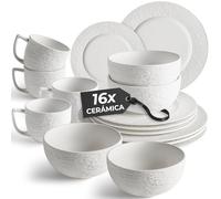 MIAMIO - Vajilla de 16 Piezas Cerámica - Set de Mesa Moderno para 4 Personas - Platos, Cuencos y Tazas en Blanco - Colección Oasis, Apta Lavavajillas y Microondas