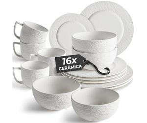 MIAMIO - Vajilla de 16 Piezas Cerámica - Set de Mesa Moderno para 4 Personas - Platos, Cuencos y Tazas en Blanco - Colección Oasis, Apta Lavavajillas y Microondas