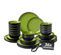 MIAMIO - Vajilla de Gres 36 Piezas - Colección Le Papillon (Verde) | Vajilla de gres para 12 personas - apta para microondas y lavavajillas