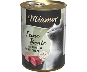 Miamor - Presa Fina | Comida húmeda para Gatos Adultos con 7 Tipos de Carne y despojos. Alimento Completo sin Cereales en Lata con taurina sin aditivos Artificiales | 12 x 400 g de Pavo y Conejo