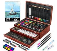 MIAOKE Premium Maleta Deluxe de 175 piezas en maletín de madera, con pinturas acrílicas, acuarelas, ceras, lápices de colores, set de arte profesional