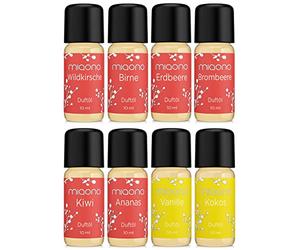 Miaono - Juego de aceites aromáticos (cesta de frutas) - Cereza, pera, fresa, mora, kiwi, piña, vainilla, coco, aceites aromáticos de alta calidad para quemador y difusor, envasados en Alemania