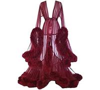 MIAOXIAO Bata de lencería de Talla Grande para Mujer Bata de Plumas Transparente Malla de Tul Transparente Manga Larga Ropa de Dormir de Encaje Kimono Albornoz con Ribete de Plumas con Volantes,7,M