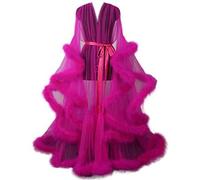 MIAOXIAO Bata de lencería de Talla Grande para Mujer Bata de Plumas Transparente Malla de Tul Transparente Manga Larga Ropa de Dormir de Encaje Kimono Albornoz con Ribete de Plumas con Volantes,8,M