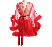 MIAOXIAO Bata Plumas Transparente Mujer CamisóN Encaje Malla Transparente Bata Kimono Ribete Plumas,2,L