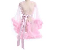 MIAOXIAO Bata Plumas Transparente Mujer CamisóN Encaje Malla Transparente Bata Kimono Ribete Plumas,4,S