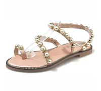 MIAOXIAO Chanclas Sandalias Planas Sandalias de Mujer Playa de Verano Abalorios Zapatos Perlas Sandalias,A,EU 37.5
