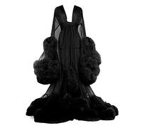 MIAOXIAO Lencería de Mujer Bata Transparente Ropa de Dormir de Plumas Sexy Vestido Largo de Encaje Kimono Bata de Noche Recorte de Plumas Tul Hoja de Loto Bata de Manga Larga,Negro,M