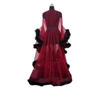 MIAOXIAO Lencería de Mujer Bata Transparente Ropa de Dormir de Plumas Sexy Vestido Largo de Encaje Kimono Bata de Noche Recorte de Plumas Tul Hoja de Loto Bata de Manga Larga,Rojo,M