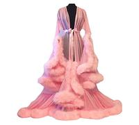 MIAOXIAO Lencería de Mujer Bata Transparente Ropa de Dormir de Plumas Sexy Vestido Largo de Encaje Kimono Bata de Noche Recorte de Plumas Tul Hoja de Loto Bata de Manga Larga,Rosado,M