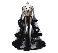 MIAOXIAO Mujeres Manga Acampanada Cinturón Perspectiva Pura Albornoz Ropa de Dormir Cinturón de Plumas Sexy Transparente Camisón de Malla Transparente con Ribete de Volantes,2,M