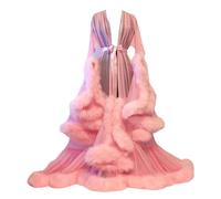 MIAOXIAO Mujeres Sexy Ver A Través De Bata De Plumas Camisón Bata De Novia Malla Mangas Acampanadas Tul Hoja De Loto Vestido Largo Albornoz,3,One Size