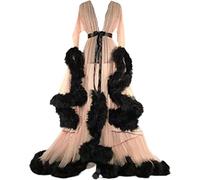 MIAOXIAO Vestido de Plumas Transparente con Mangas Acampanadas para Mujer Perspectiva Bata Conjunto de Ropa de Dormir, Vestido de Plumas con Acampanado, Bata de Plumas largas de Piel,1,S