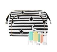 miaozhen Bolsa de cosméticos ligera para mujer, diseño de rayas blancas y negras y estrellas y luna, monedero para organizador de viaje para maquillaje, Rayas blancas y negras y lunas, Moderno