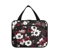 miaozhen Bolsa organizadora de maquillaje colgante con diseño de cuadrados de flores rojas y azules con gancho, necesidades de diseñador para viajes, maquillaje envase para perfume de L, Cuadrados de