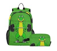 miaozhen Bolsa para libros con fiambrera para niñas, deportiva, cocodrilos, bolsa escolar verde con bolsa de almuerzo de 9 a 10 años
