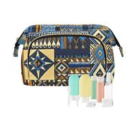 miaozhen Bolsas de cosméticos grandes con textura vintage bohemia, impermeables, para maquillaje, viajes de maquillaje, Textura vintage azul dorado bohemio, Moderno