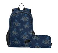 miaozhen Bolsas para libros para niños con bolsa de almuerzo, diseño de calamar, azul oscuro, dorado, 18 litros/mochila para niños con fiambrera, de 9 a 10 años, mochila con lonchera para ni? os