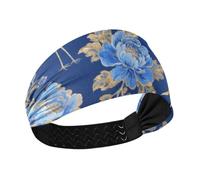 miaozhen Diadema gruesa antideslizante de flores azules japonesas con grulla azul marino y dorada, bandas elásticas anchas para el cabello de las mujeres para el lavado de la cara, bandas de fútbol