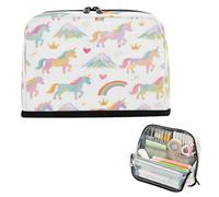miaozhen Estuche de maquillaje de gran capacidad con cremallera, bolsa multiusos para niños, universidad, dibujos animados, unicornios arcoíris blancos, estuches escolares para ninas