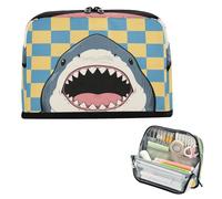 miaozhen Estuche para lápices de gran capacidad, bolsa de maquillaje suave para niñas, suministros escolares preparados, cartuchos de tiburones a cuadros azules y amarillos para lapices nina grandes