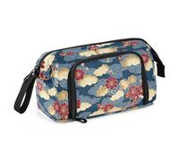miaozhen Estuche para lápices de gran capacidad, bonito material escolar con asa, estuche rígido para niños, viajes, azul y dorado, flores vintage japonesas, cartuchera para escritorio