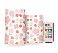 miaozhen Juego de 2 velas sin llama con diseño de flor de fresa de dibujos animados rosa y blanco con temporizador con luces electrónicas remotas LED con purpurina para boda