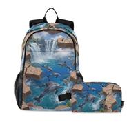 miaozhen Librera y fiambrera con diseño de gato graffiti 3D, cascada, delfín, océano, paisaje, 18 litros, para adolescentes, con fiambrera, 10-12, mochila con lonchera para ni?as