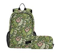 miaozhen Mochila escolar para niños, color rosa, clavel, hojas verdes, William Morris 18L/bolsa para libros para adolescentes con fiambrera, 9-10 años, mochila para ni? os
