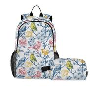 miaozhen Mochila para la escuela con bolsa de almuerzo, diseño vintage de pájaros de 18 litros/bolsa escolar y lonchera para niños, 7-10, caja de almuerzo para ni? os