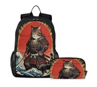 miaozhen Mochila para la escuela y el almuerzo, diseño de graffiti japonés, océano, mar, olas samurái, gato, 18 litros, con lonchera para niños, 7-10, caja de almuerzo para ni? os