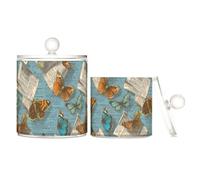 miaozhen Old Newspaper Butterflies - Recipientes de almacenamiento de plástico transparente azul retro con tapa Pantry Essentials, contenedor de almacenamiento decorativo para hisopos de algodón