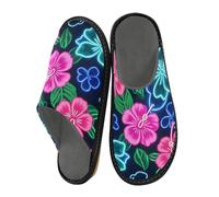 miaozhen Pantuflas de verano para mujer, diseño de hibisco de neón, flores de Frangipani, para interiores, de espuma viscoelástica, para el hogar, pantuflas para el hogar, pantuflas de cama 9