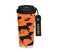 miaozhen Vasos de café con tapas, diseño de perro labrador bailando, naranja, negro, calabaza, aislado, acero inoxidable, para frío y calor, 481.9 g, a prueba de fugas