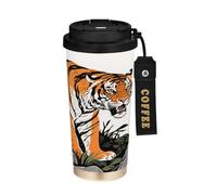 miaozhen Vasos de café de viaje con tapas, animales silvestres, tigres rugientes, roca, naranja, negro, taza de café aislada de acero inoxidable para frío y caliente, 17 onzas, a prueba de fugas
