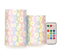 miaozhen White Daisy - Velas sin llama con rayas coloridas que funcionan con pilas, velas electrónicas de imitación, resistentes al viento, control remoto para funeral, juego de 2 piezas