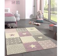 Mia's Teppiche Marie - Alfombra Infantil, Alfombra habitación Infantil, niño y niña, Pastel, Moderna, a Cuadros, Lunares, Corazones, Estrellas, Color:Morado, 140x200 cm