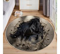 MIATCENRT Alfombra Infantil Redonda, 120cm, Diseño de Caballo Negro Rompiendo Un Muro Animal Realista, Suave Acogedora, Alfombra para Salón Dormitorio Habitación Infantil, Fina Fácil de Limpiar