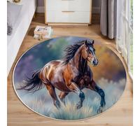 MIATCENRT Alfombra Infantil Redonda, 80cm, Diseño de Caballos Galopando La Pradera Animales Acuarela, Suave Acogedora, Alfombra para Salón Dormitorio Habitación Infantil, Fina Fácil de Limpiar